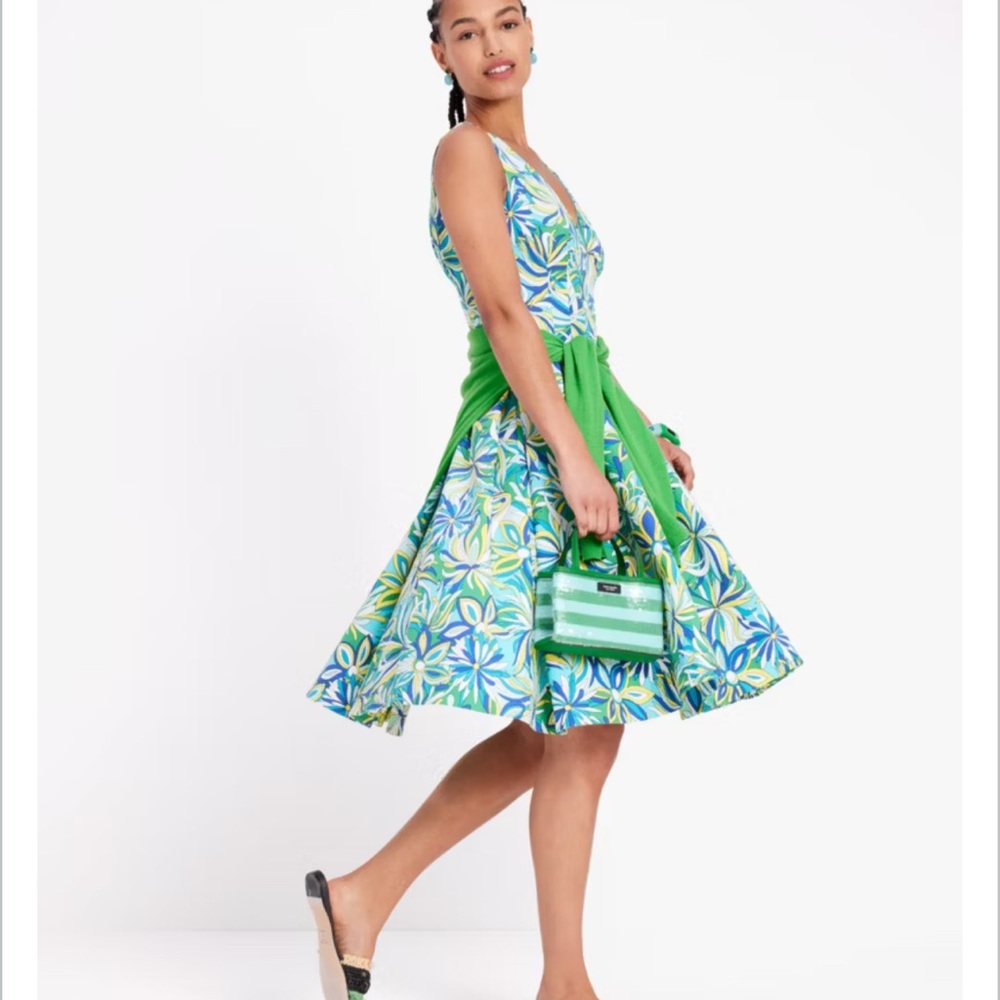 Kate Spade Anemone Floral Amelia Dress  Blue Green Sleeveless Pleated Size US 8 - Picture 4 of 14